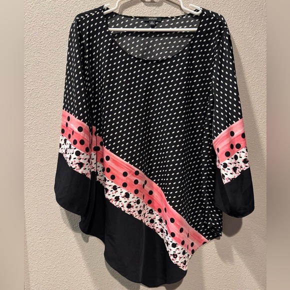 Alfani Tops - Alfani Black and Pink Polka Dot V Hem Blouse